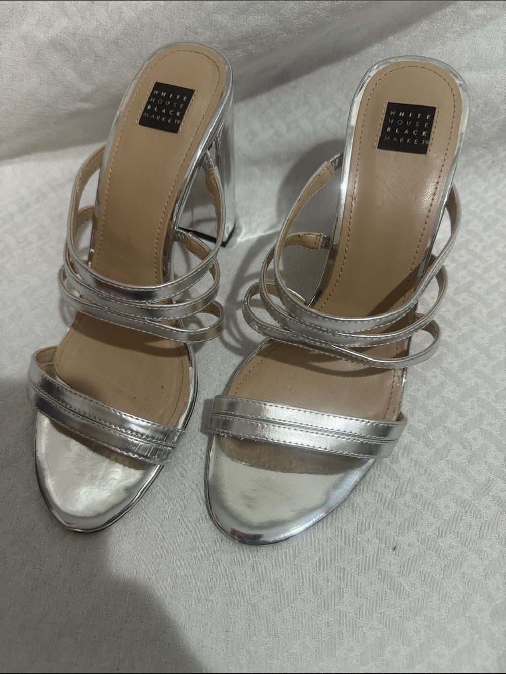 White House Black Market Metallic Silver Multi-Strap Heeled Slides